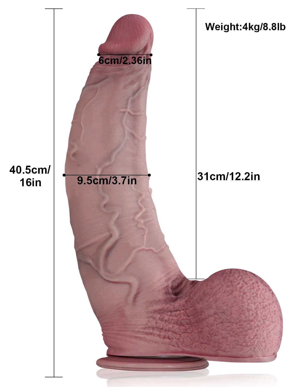 40,6 cm Gigantisk Böjd Dildo med Extra Tjockt Skaft & Svullna Testiklar
