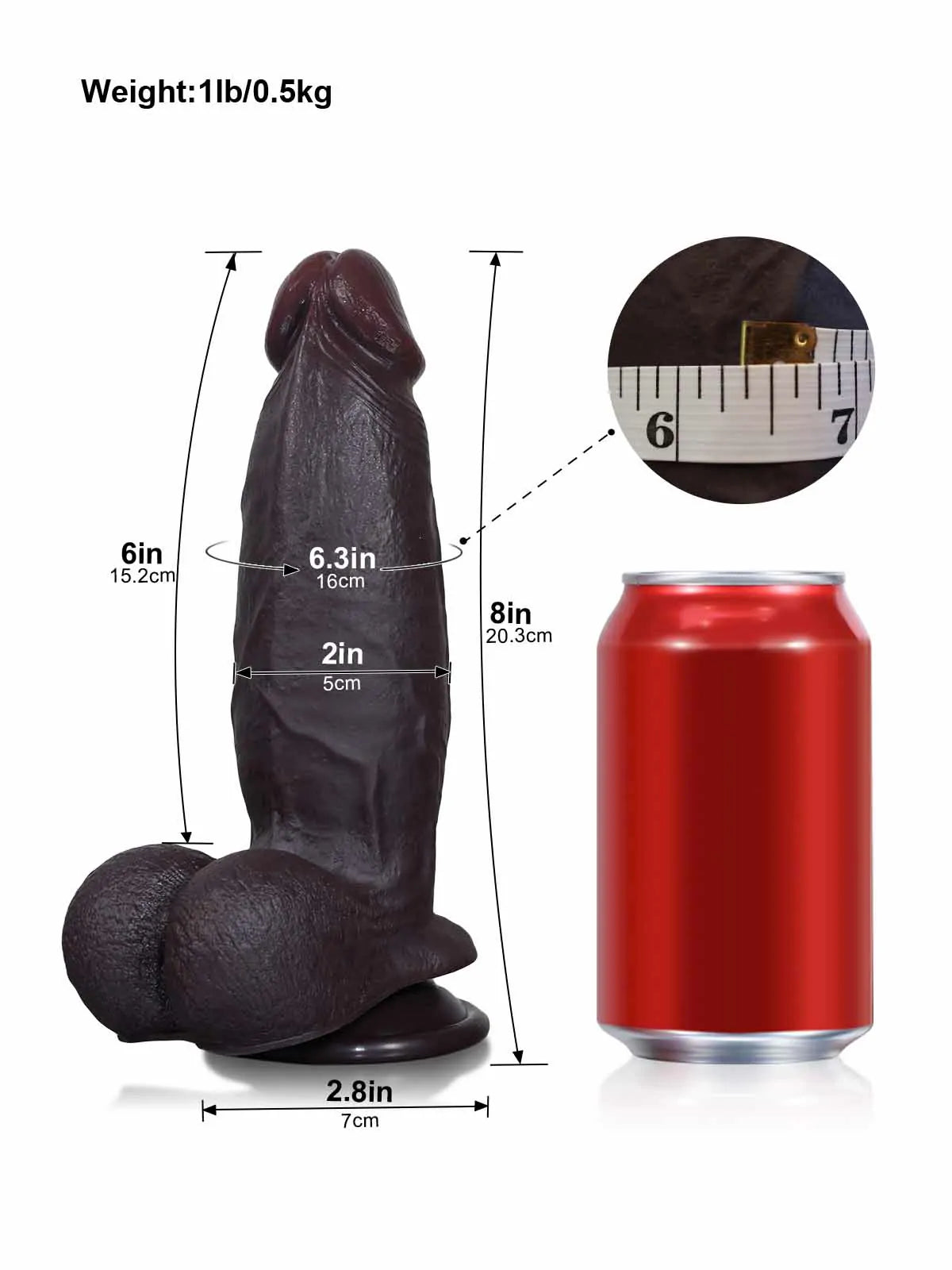 20,3 cm Naturtrogen Realistisk Svart Dildo med Glidande Hud & Sugpropp
