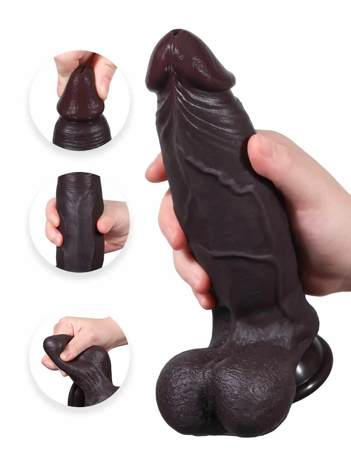 22,3 cm Realistisk Mjuk Svart Dildo med Glidande Hud & Sugpropp