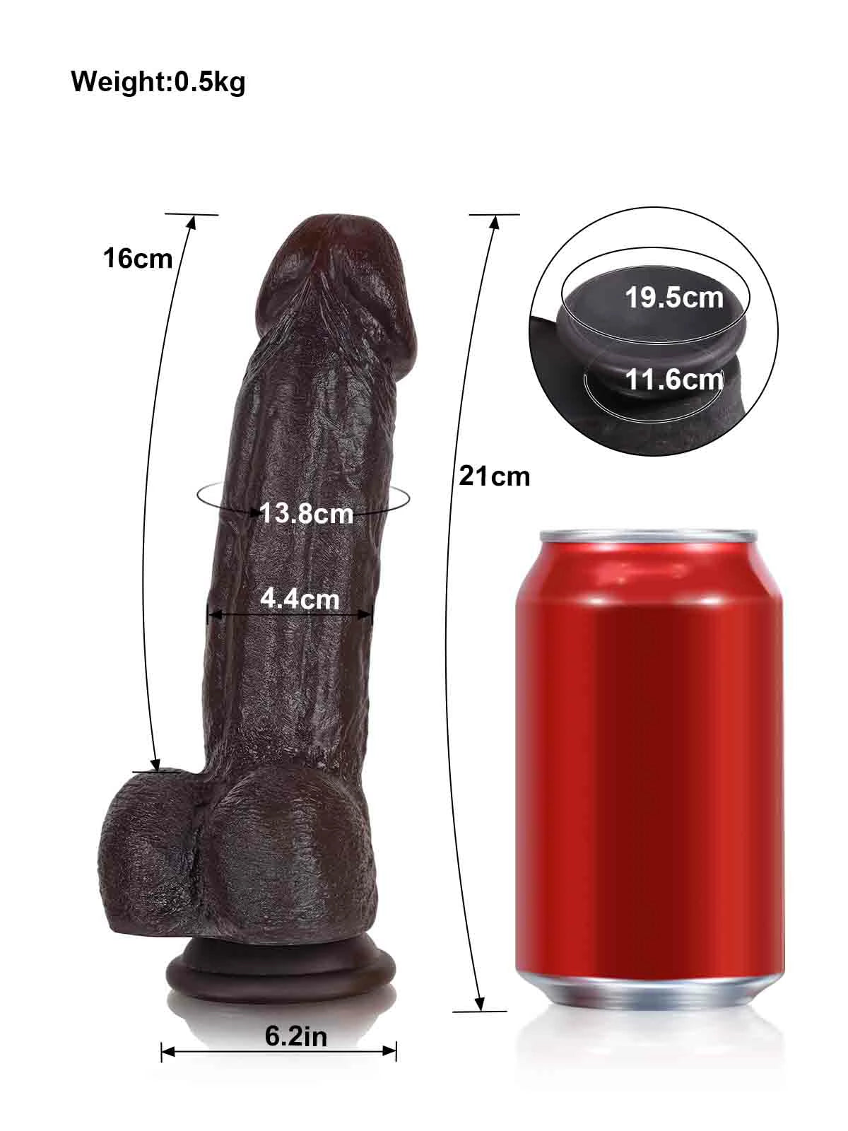21,5 cm realistisk G-punktsdildo i svart, böjbar metallkärna & sugpropp