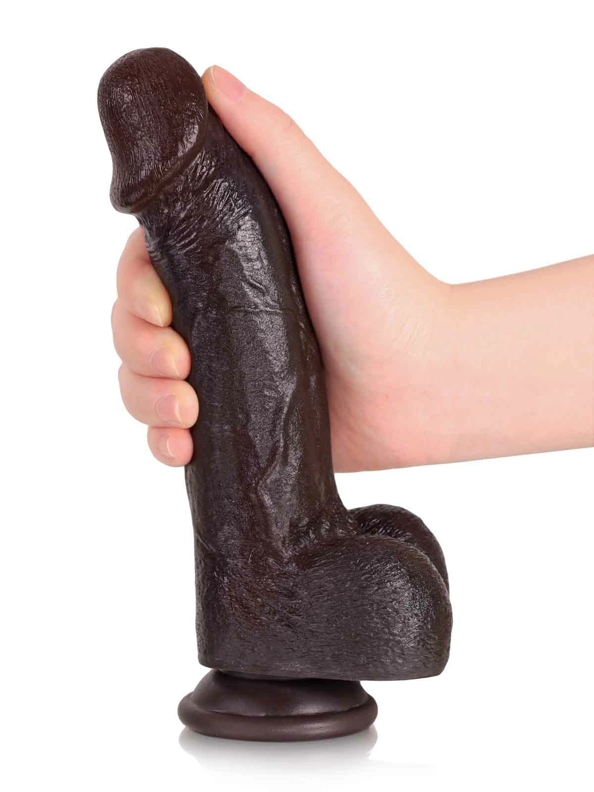 21,5 cm realistisk G-punktsdildo i svart, böjbar metallkärna & sugpropp