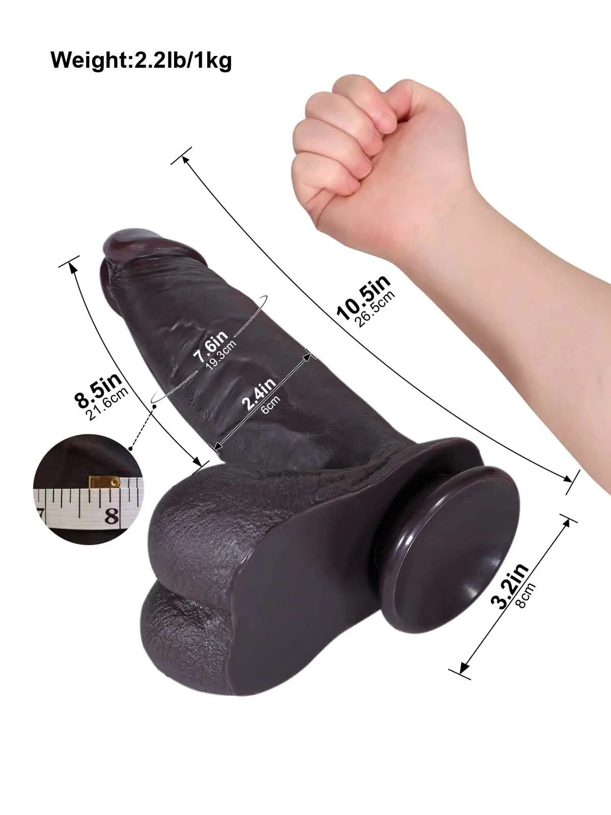 26,5 cm Stor Realistisk Svart Dildo med Glidande Hud & Sugpropp